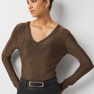 WHBM Sparkle Knit Tee T Shirt Top Antique Bronze V Neck L/S M Medium $59 NWT KL